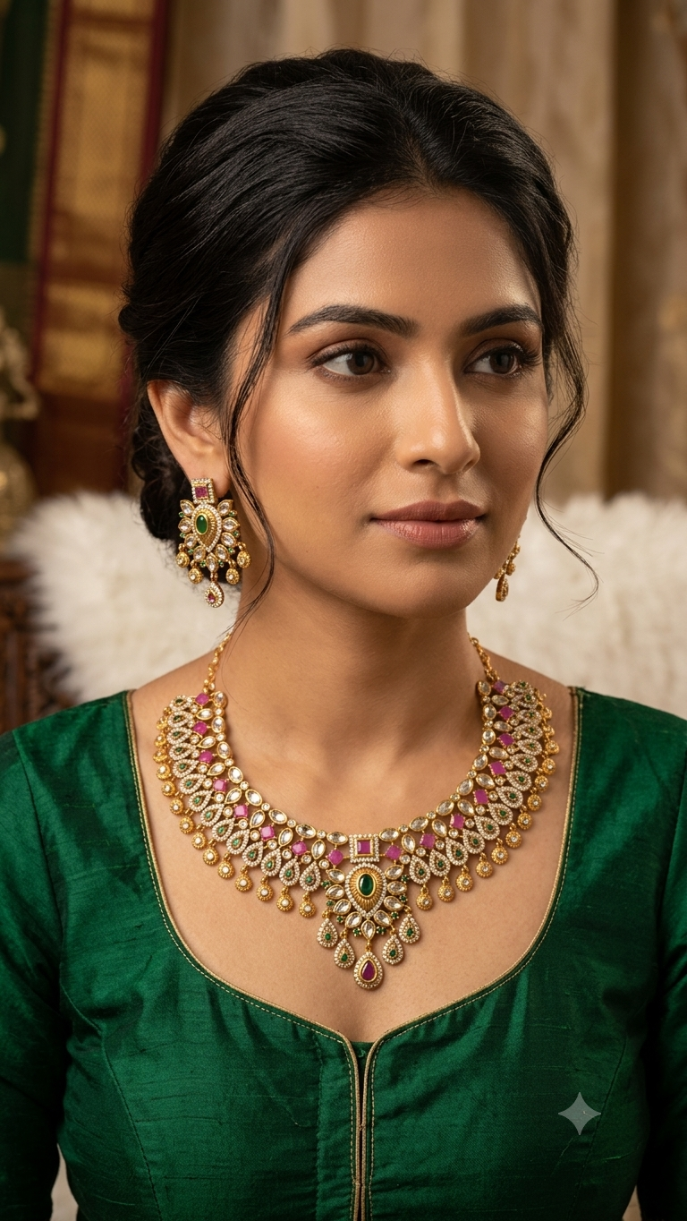 Gold necklace with pink and green gemstones.