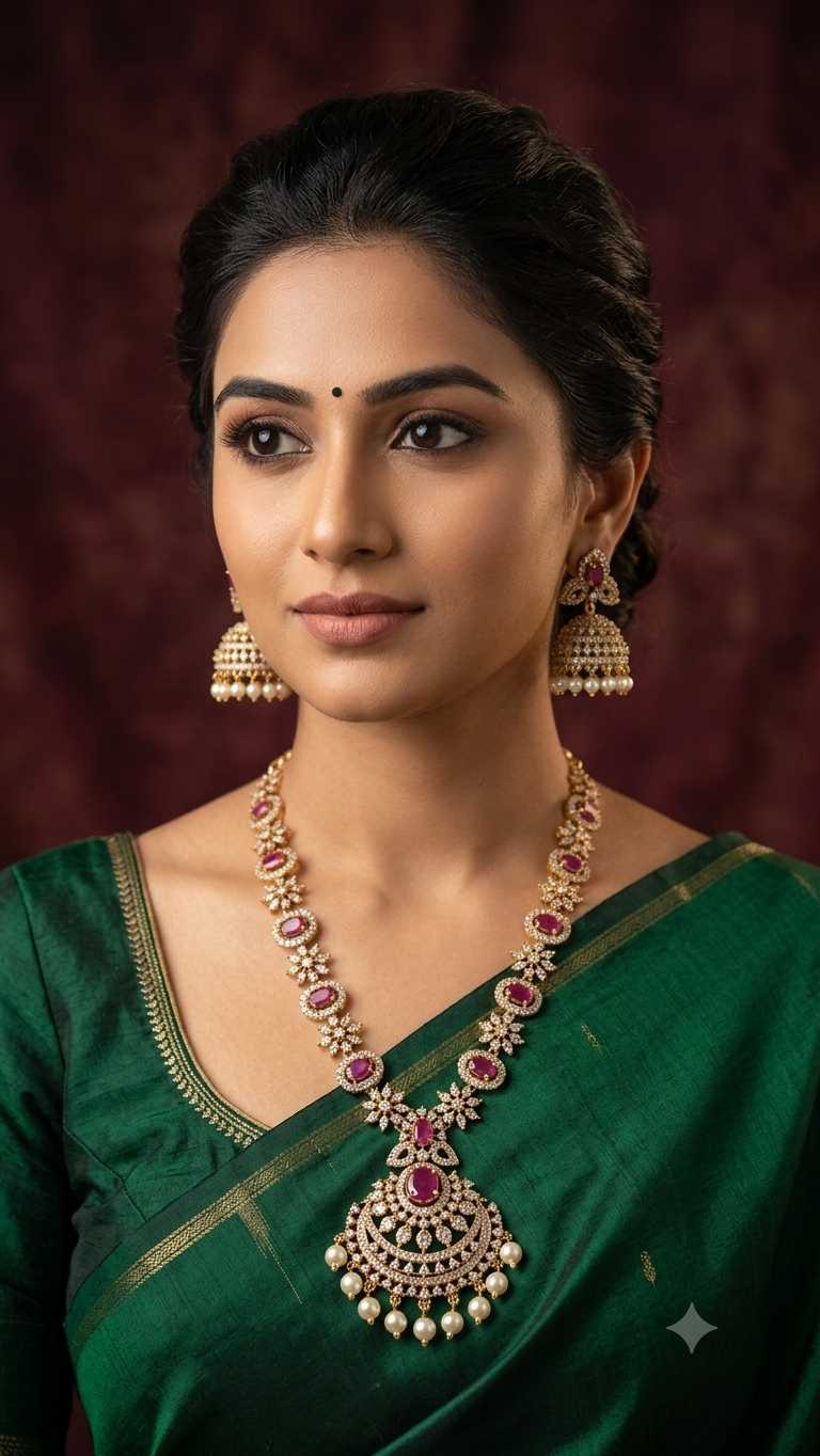 Gold necklace with white and pink stones and matching earrings.