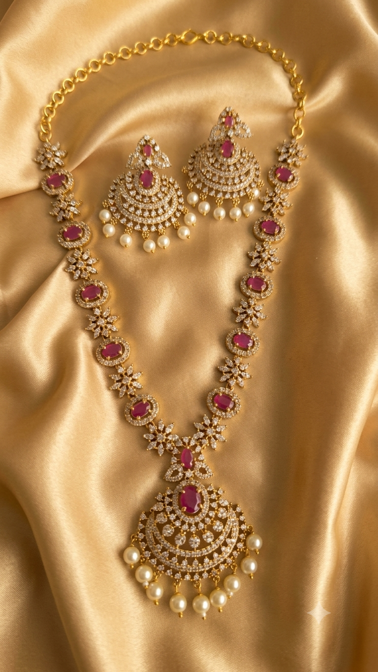 Gold necklace with white and pink stones and matching earrings.