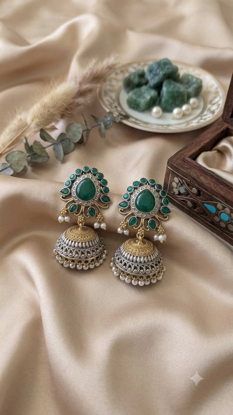 Emerald Jhumka with Green Cluster Top
