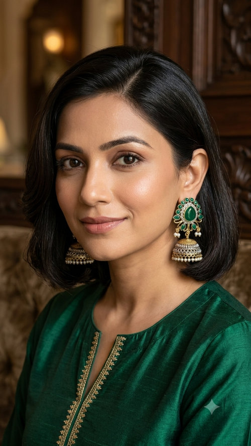 Emerald Jhumka with Green Cluster Top