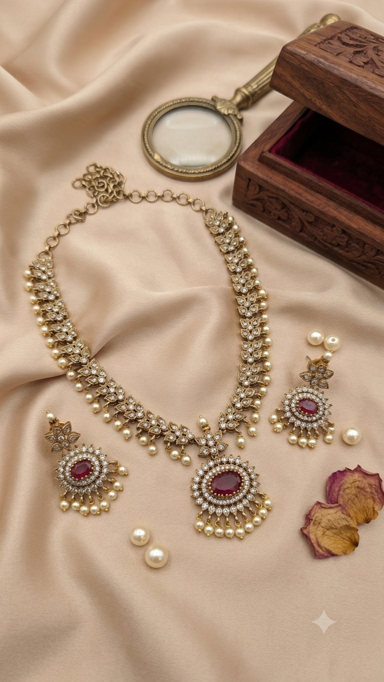 Polki CZ Ruby Necklace Set with Pearl Drops