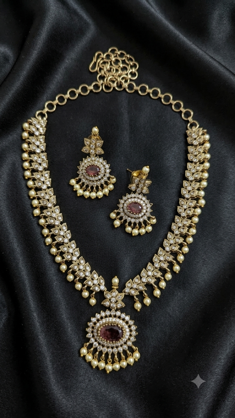 Polki CZ Ruby Necklace Set with Pearl Drops
